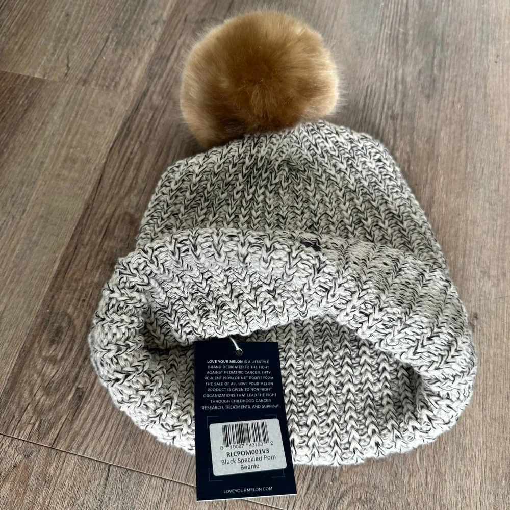 Love Your Melon The Enforcer Black Speckled Faux Fur Pom Beanie NWT